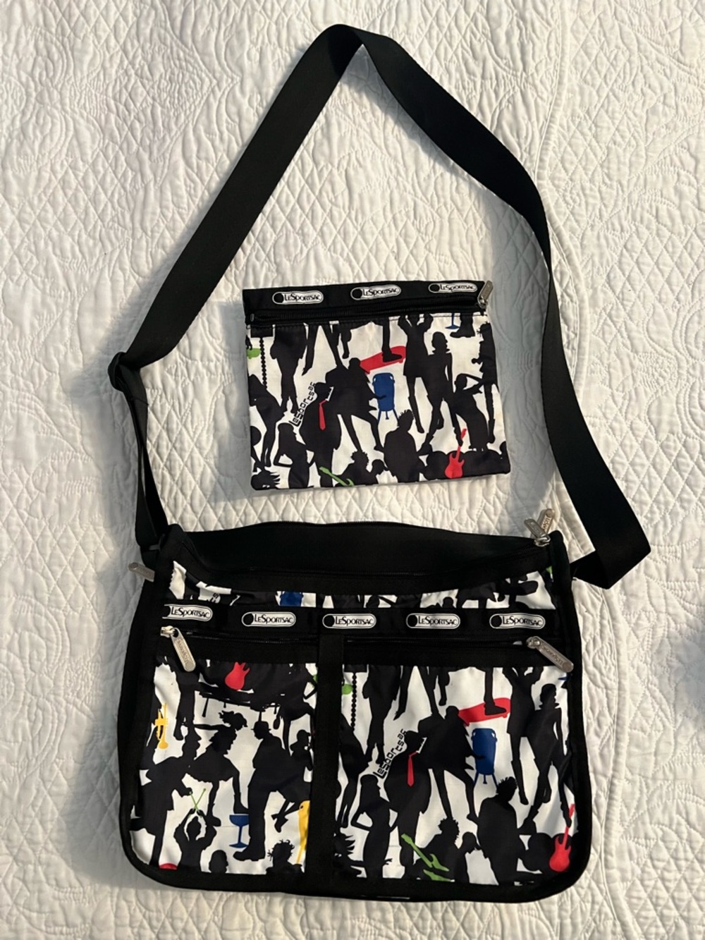 Lesportsac Black & White Silhouette Messenger Bag with Colorful Accents